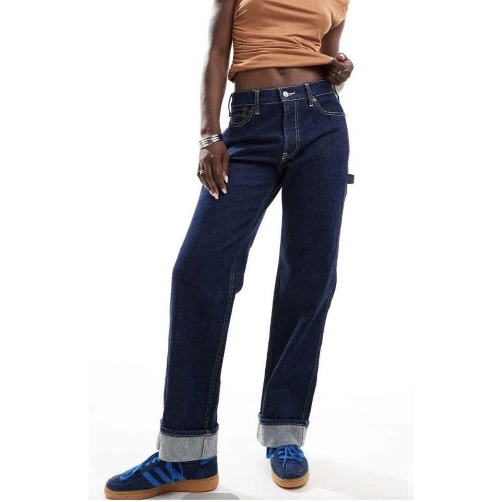 Abercrombie & Fitch The Baggy Low Rise Jeans Dark Wash Cuffed Wide Leg Size 28